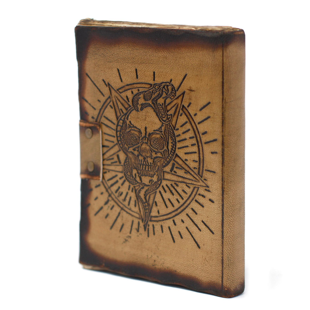 Leather Pentagon & Skull Notebook with Burns Detail 7x5 Inches