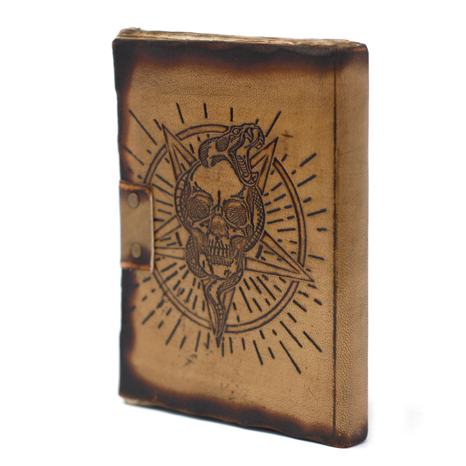 Leather Pentagon & Skull Notebook with Burns Detail 7x5 Inches