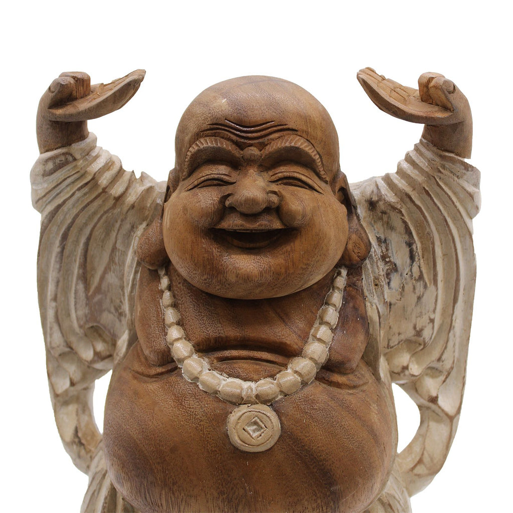 Hand Carved Happy Buddha Hands Up Statue in Whitewash 40cm