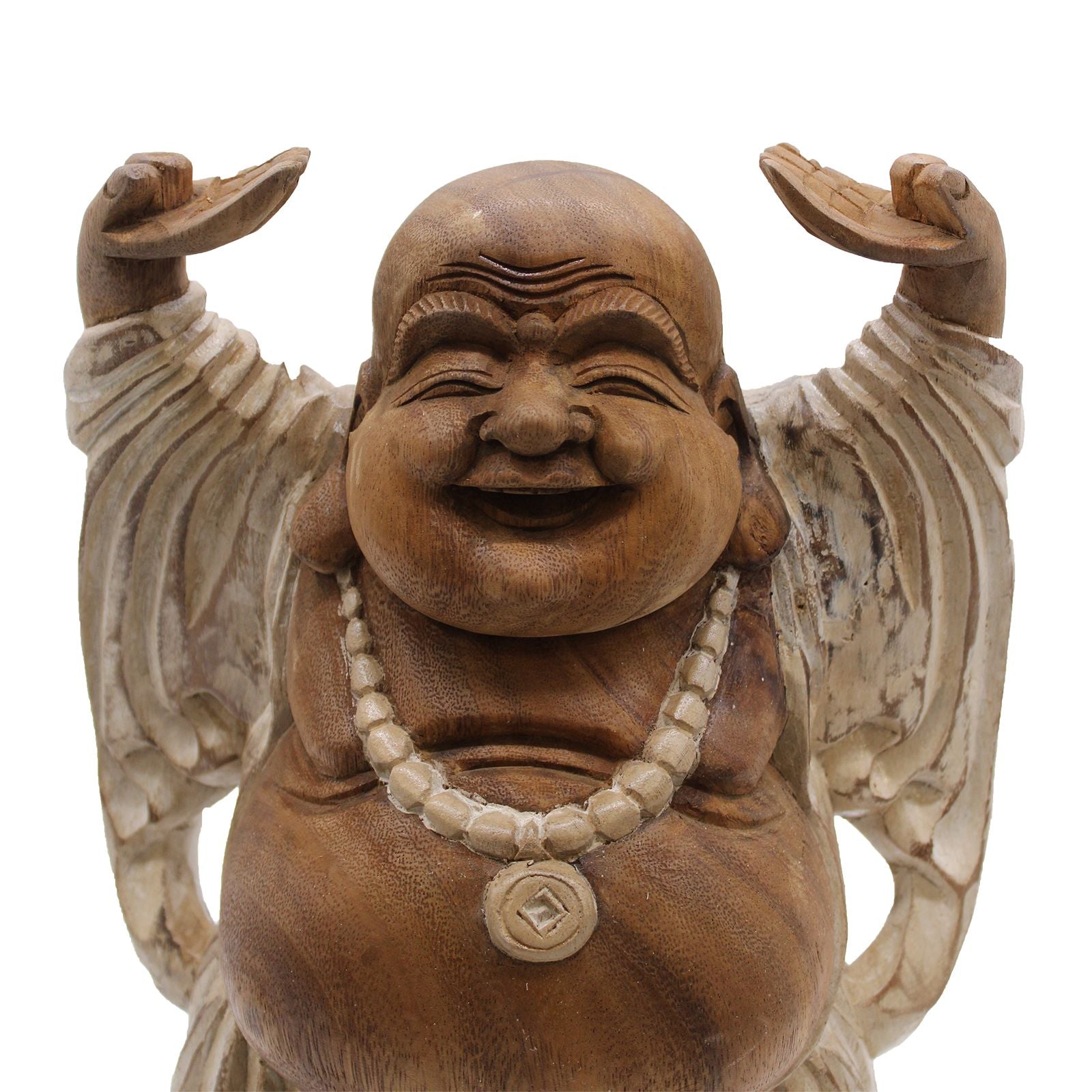 Hand Carved Happy Buddha Hands Up Statue in Whitewash 40cm