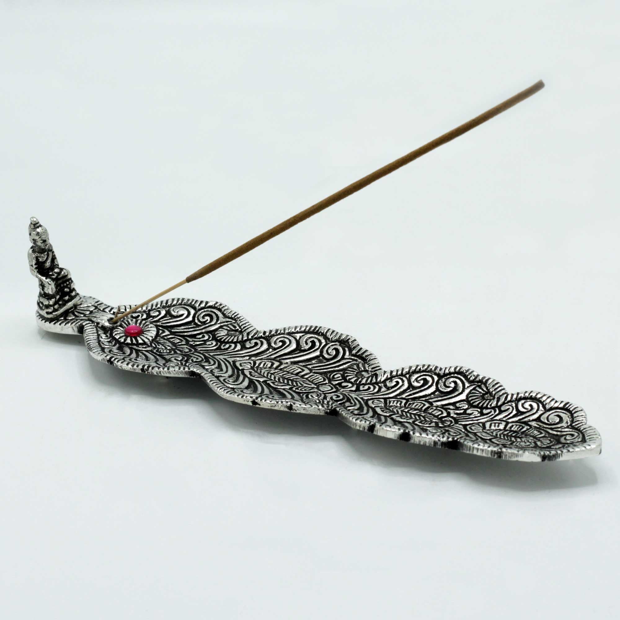 Polished Aluminium Buddha Long Incense Holder with Feather Design
