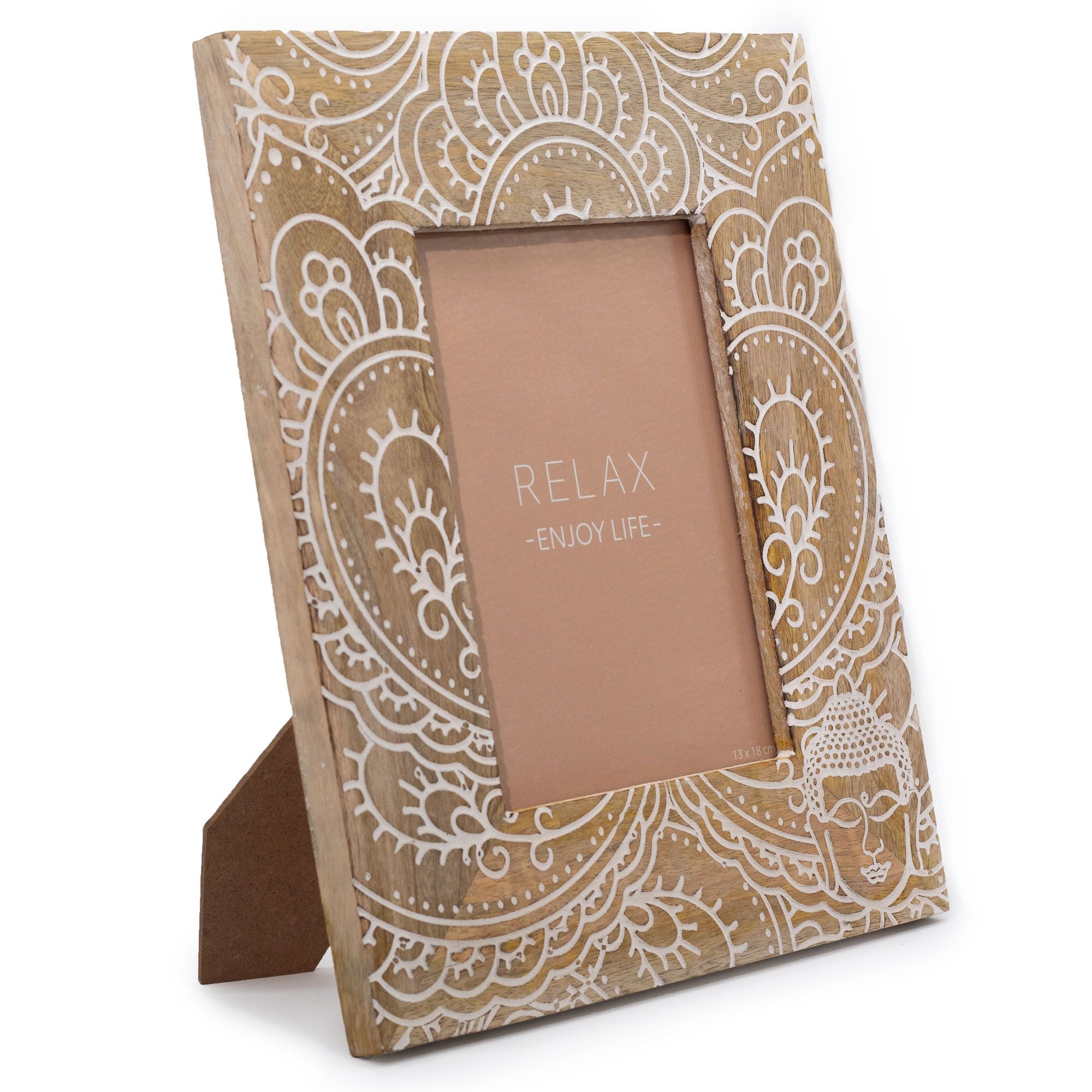 Large Mango Wood Picture Frame with Buddha Design in White Finish