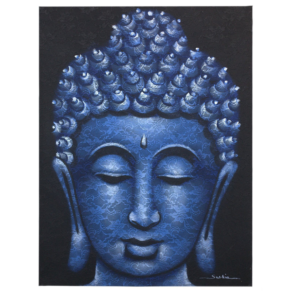 Buddha Painting with Blue Brocade Detail for Elegant Home Decor
