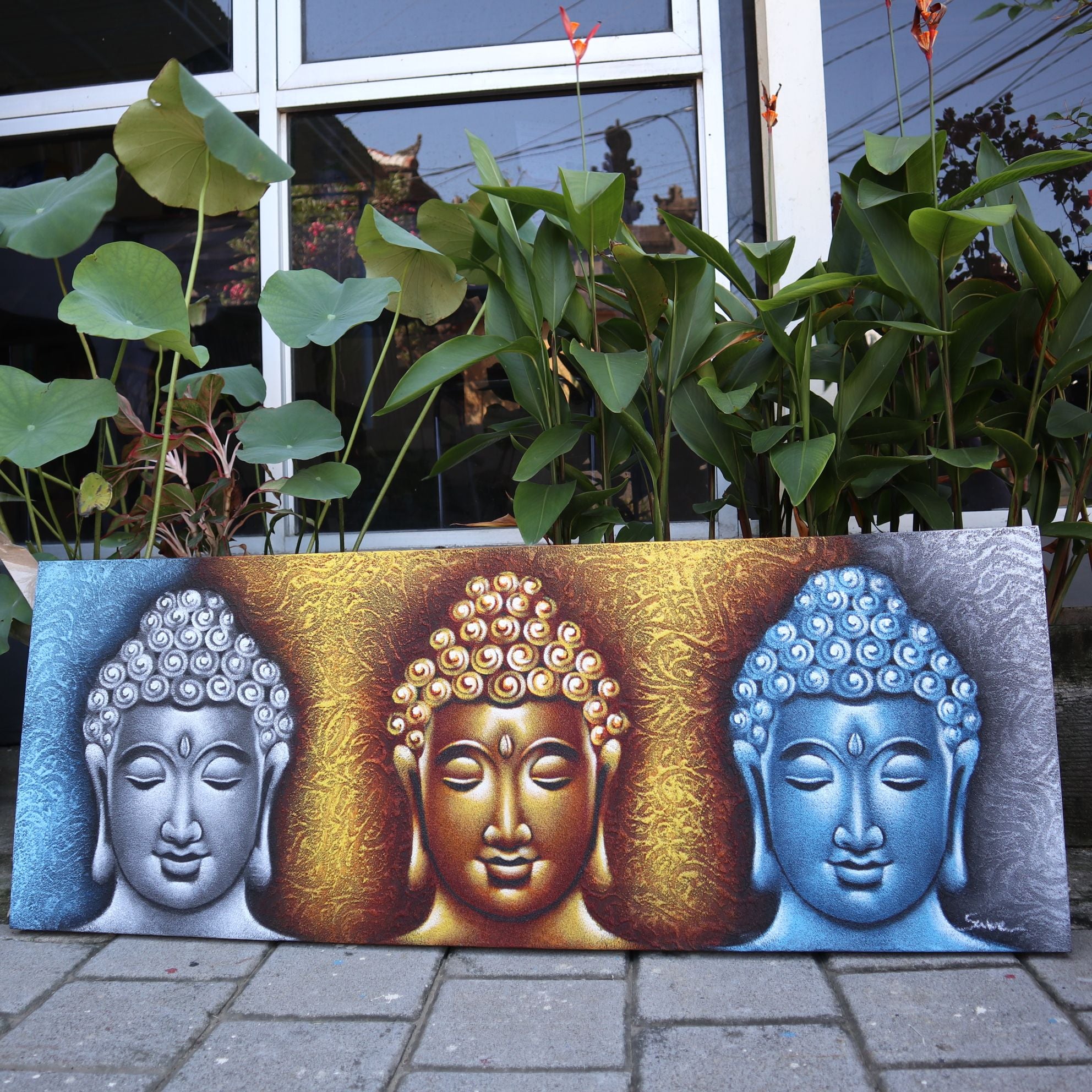 Buddha Painting with Three Heads and Gold Detail for Home Decor