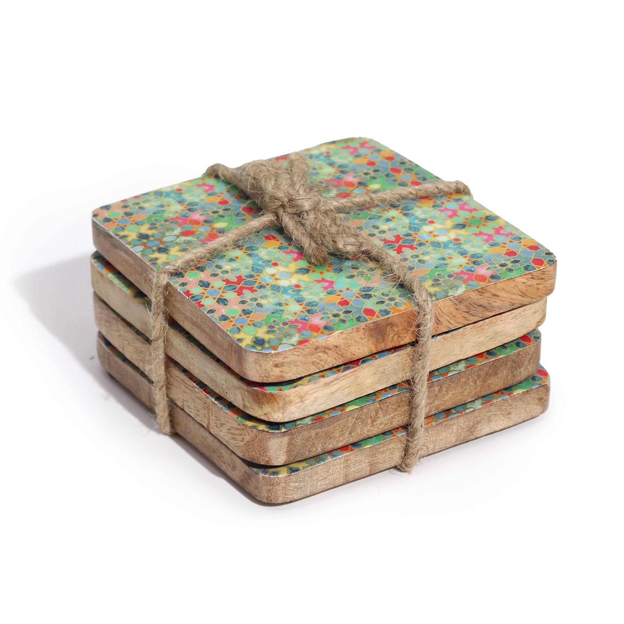 Set of 4 Square Coasters with Vibrant Mediterranean Tile Pattern