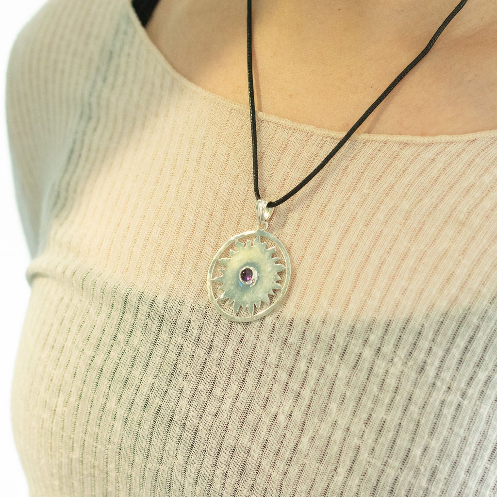 Indian Devotional Pendant with Silver Plated Sun Motif and Amethyst