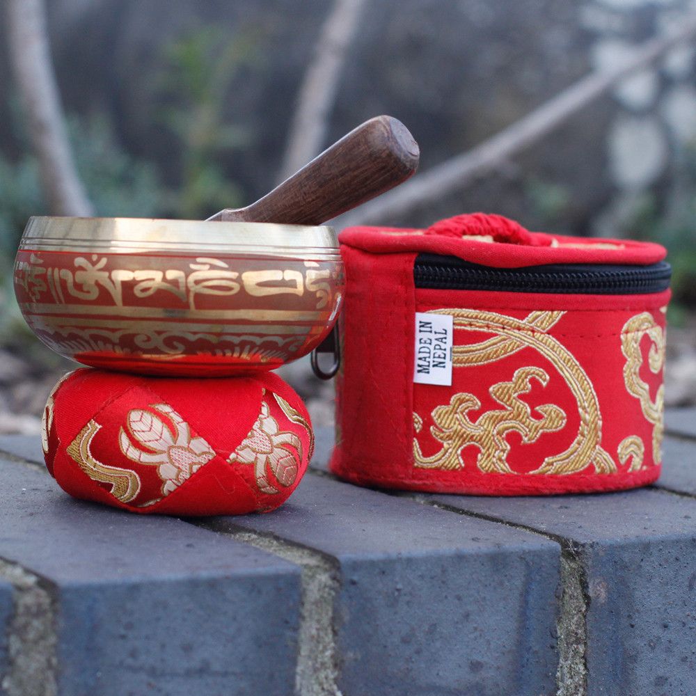 Mini Singing Bowl Gift Set in Red with Cushion and Stick Included