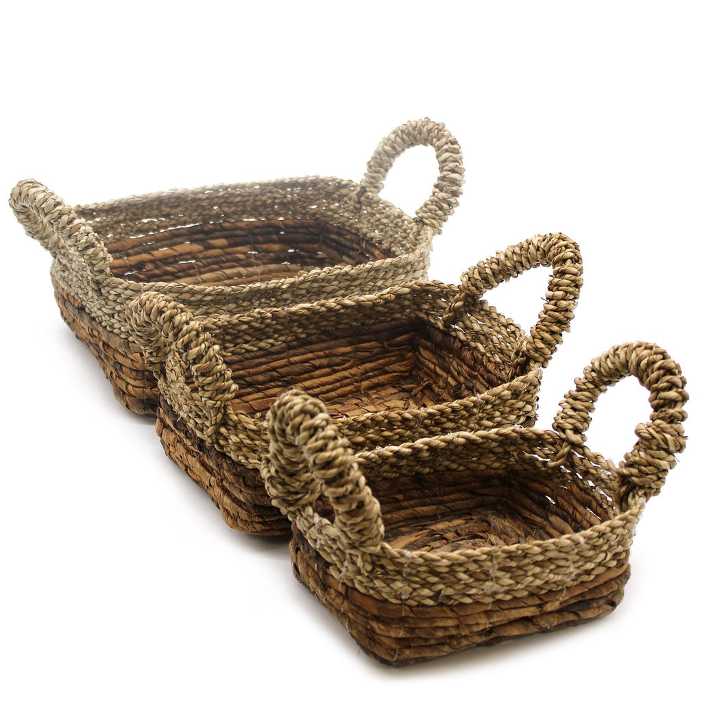 Banana Leaf and Seagrass Square Basket Set of 3 for Storage