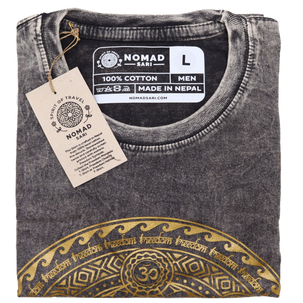 Nomad Sari Stonewashed Cotton T Shirt with Chakra Design Dark Grey