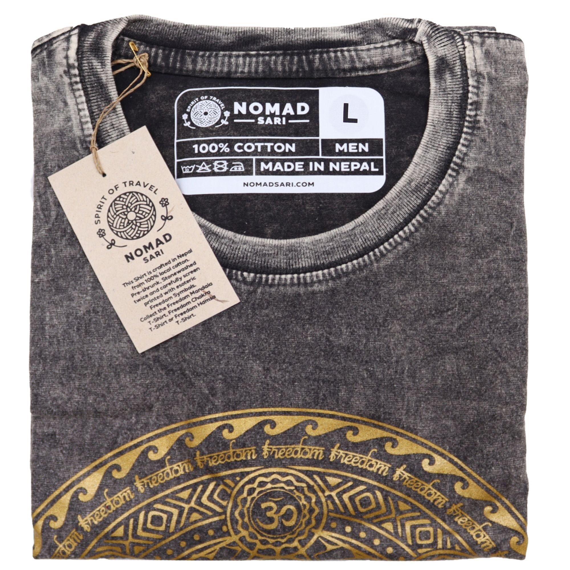 Nomad Sari Stonewashed Cotton T Shirt with Chakra Design Dark Grey
