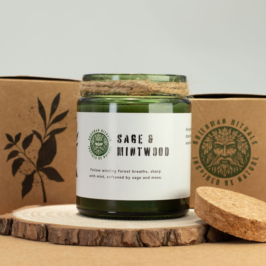 Greenman Woodwick Soy Candle Sage & Mintwood in Green Glass Jar