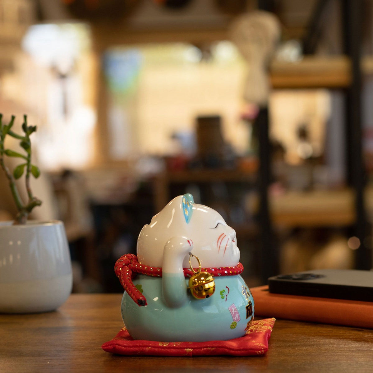 Japanese Lucky Cat Ceramic Money Box on Cushion – Blue
