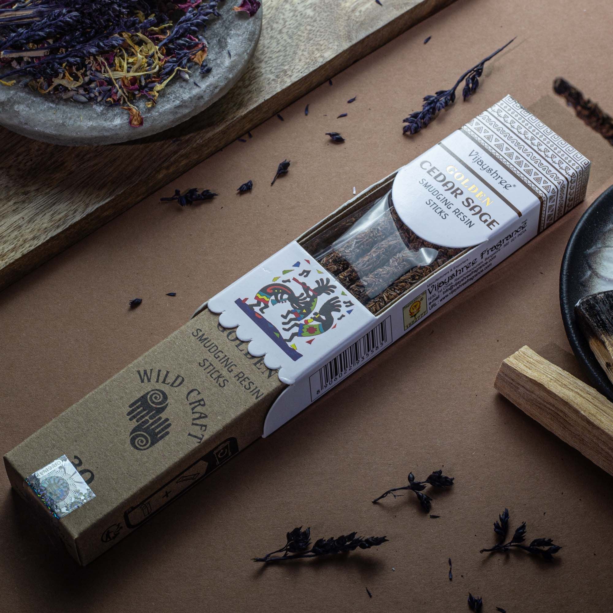 Golden Cedar Sage Smudging Resin Sticks in Illustrated Box 30g