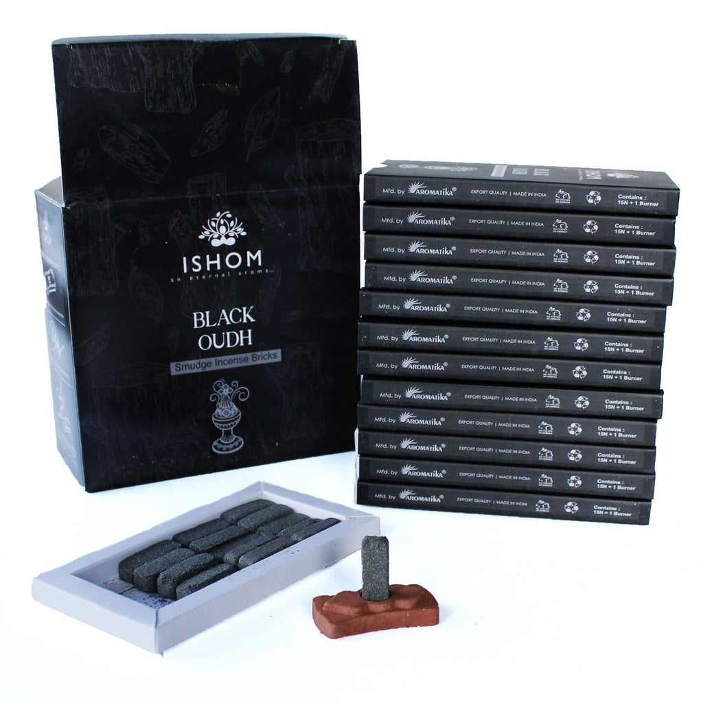 Pack of 15 Natural Incense Smudge Bricks and Burner Black Wood