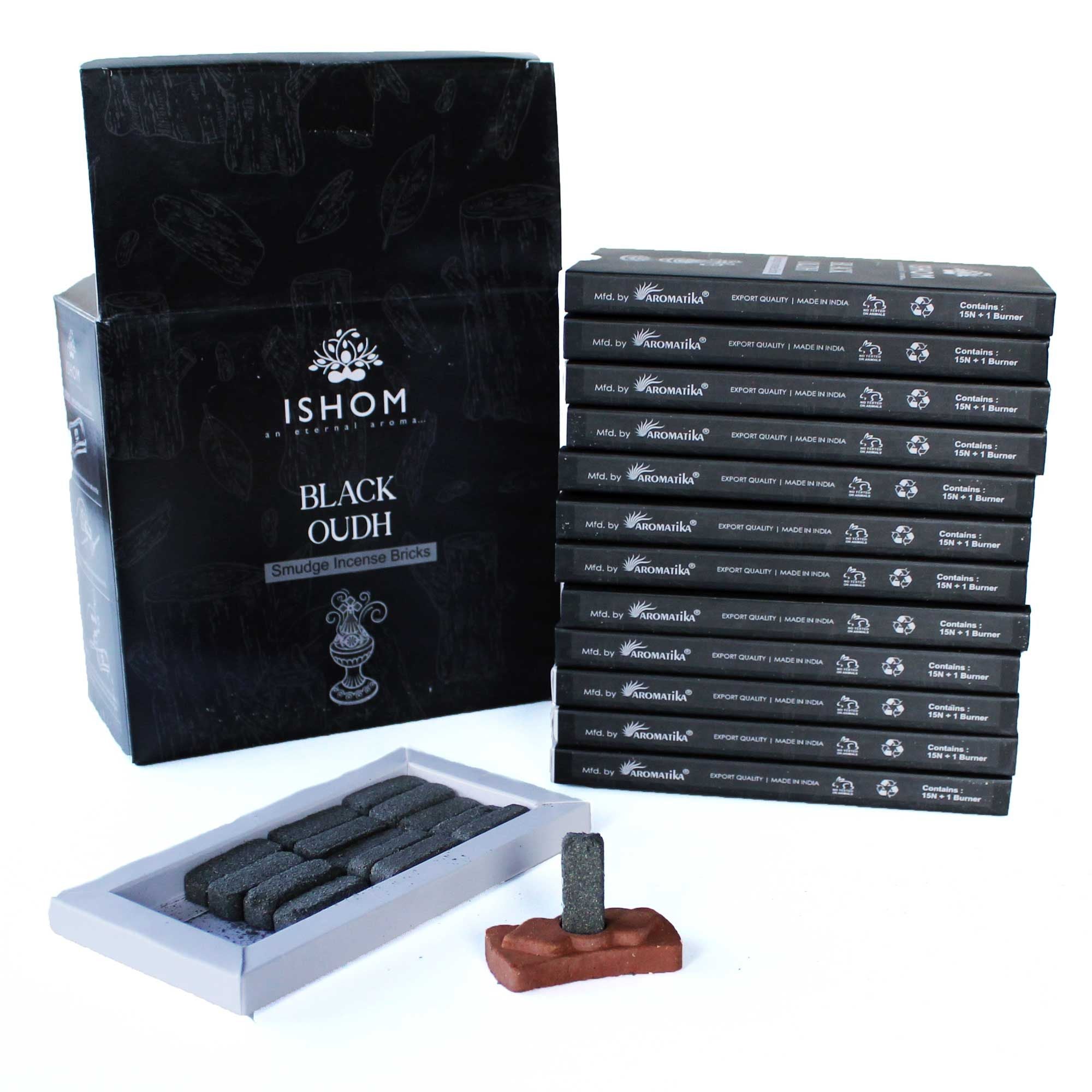 Pack of 15 Natural Incense Smudge Bricks and Burner Black Wood