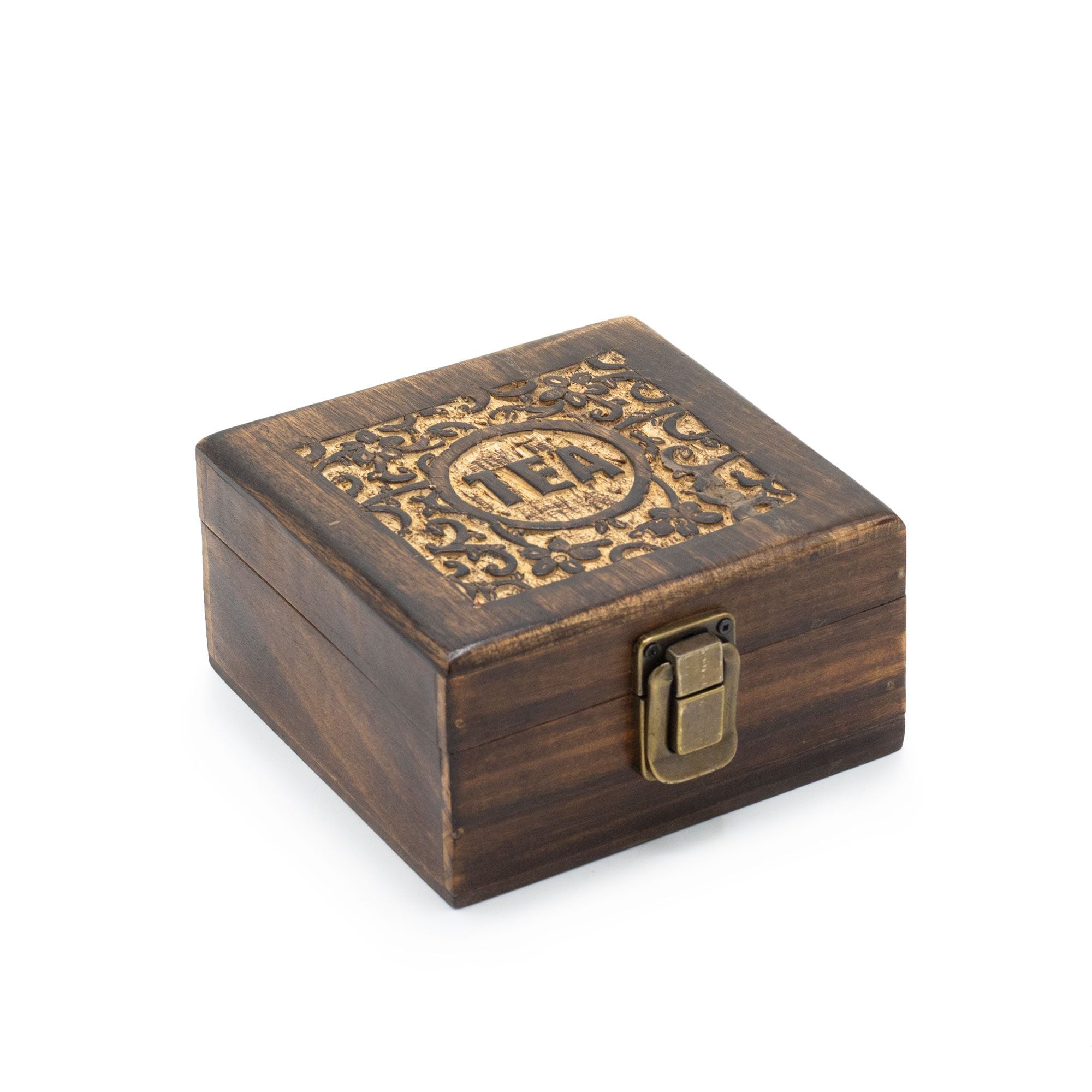 Mango Carved Tea Box with 4 Compartments for Organised Storage