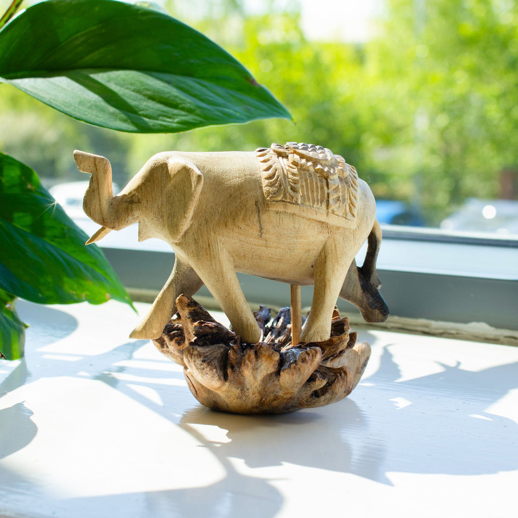 Handmade Parasite Wood Art Carving of a Walking Elephant Sculpture