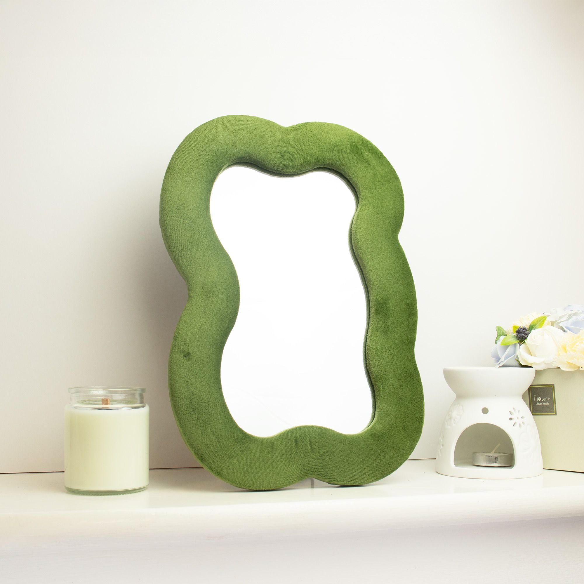 Soft Squiggly Mirror Large Cloud in Moss Green for Home Decor