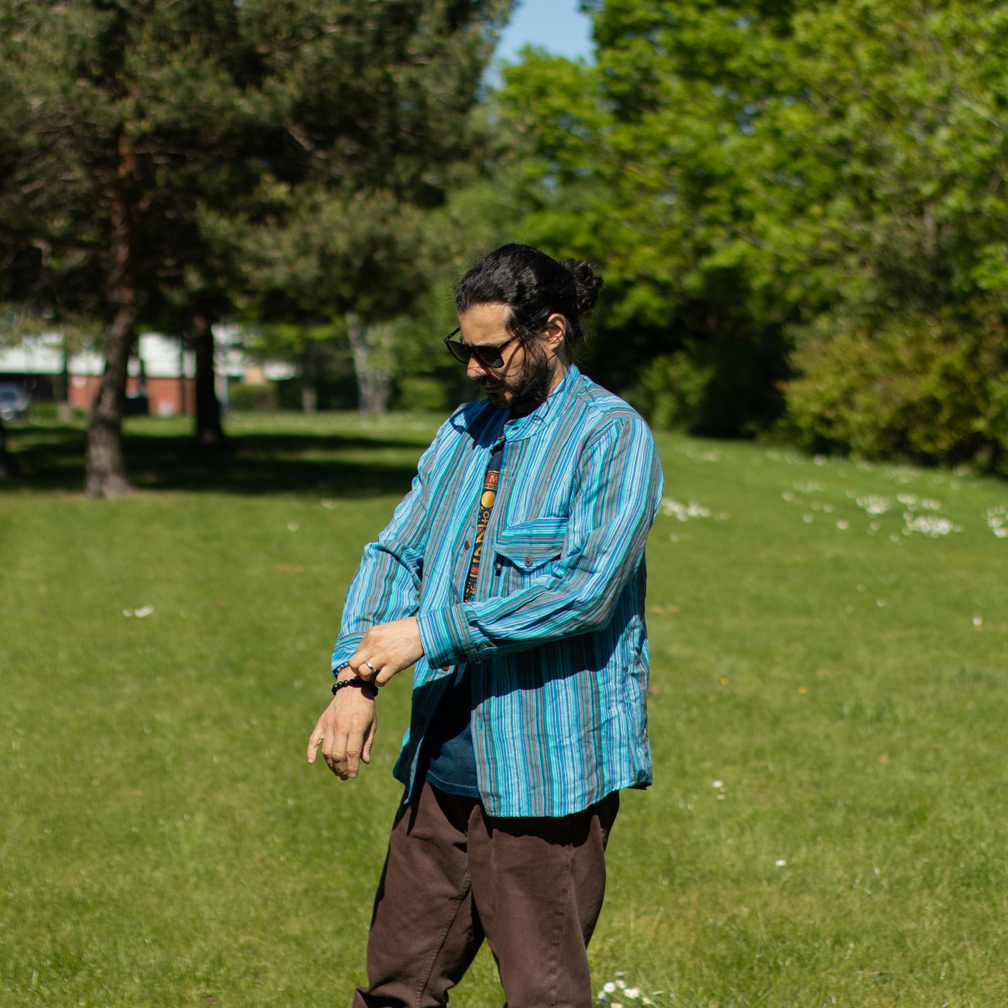 Nomad Sari Grandad Shirt in Turquoise with Bold Stripes