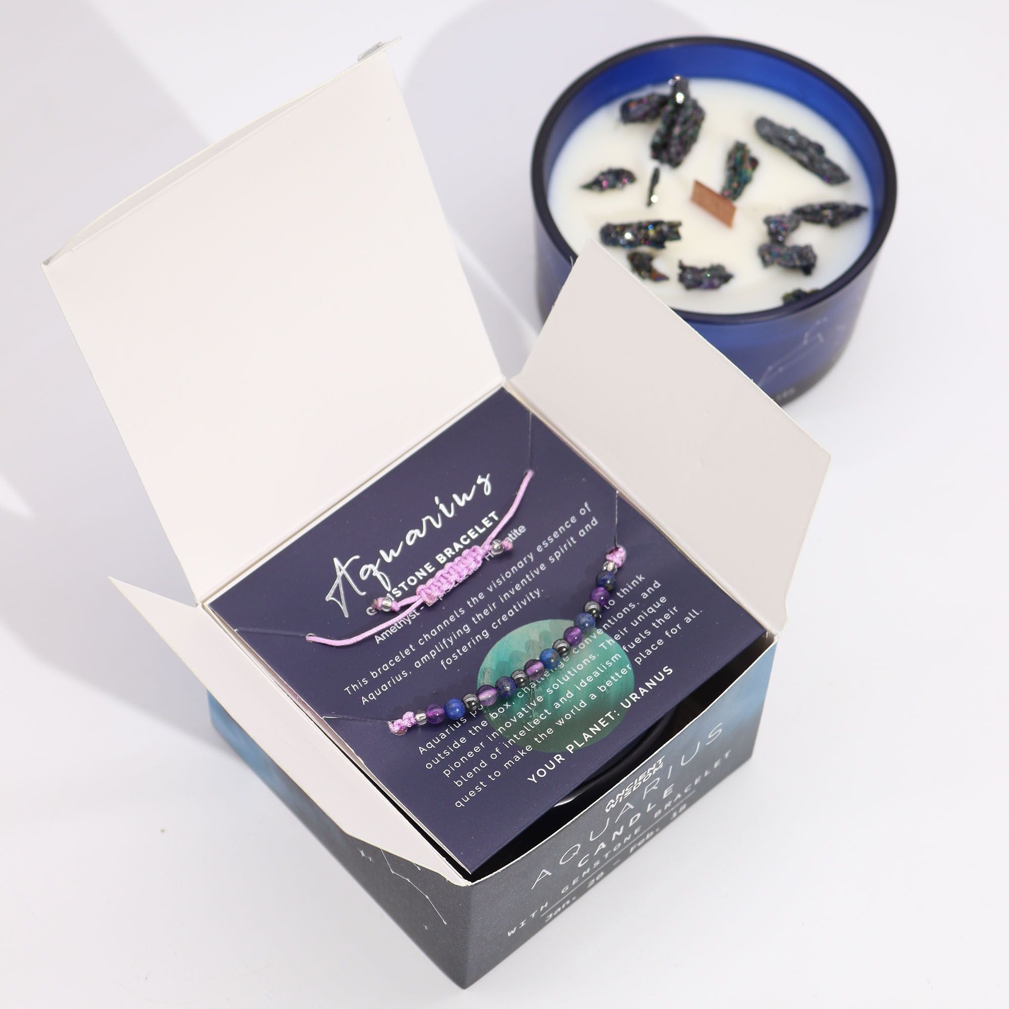 Aquarius Zodiac Crystal Candle Gift Set with Gemstone Bracelet