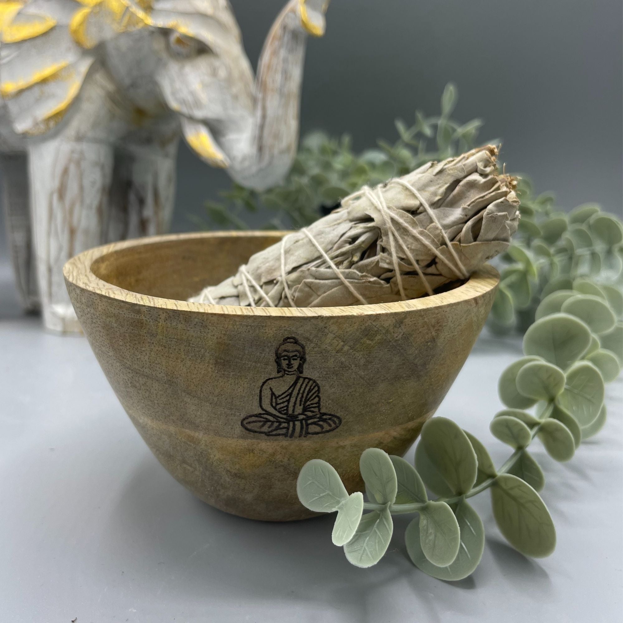 Wooden Smudge Bowl with Buddha Design for Ritual Offerings