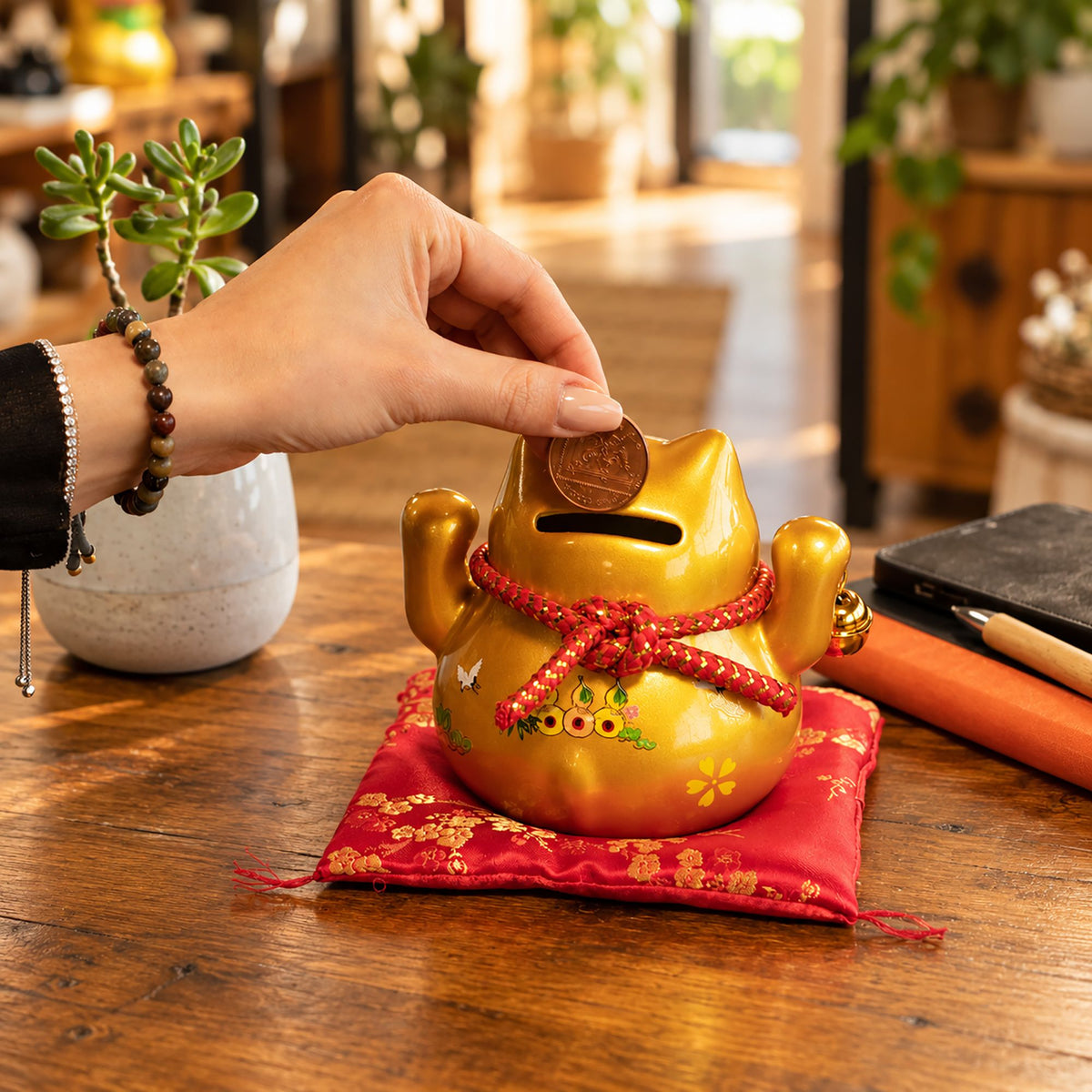 Japanese Lucky Cat Ceramic Money Box on Cushion – Gold