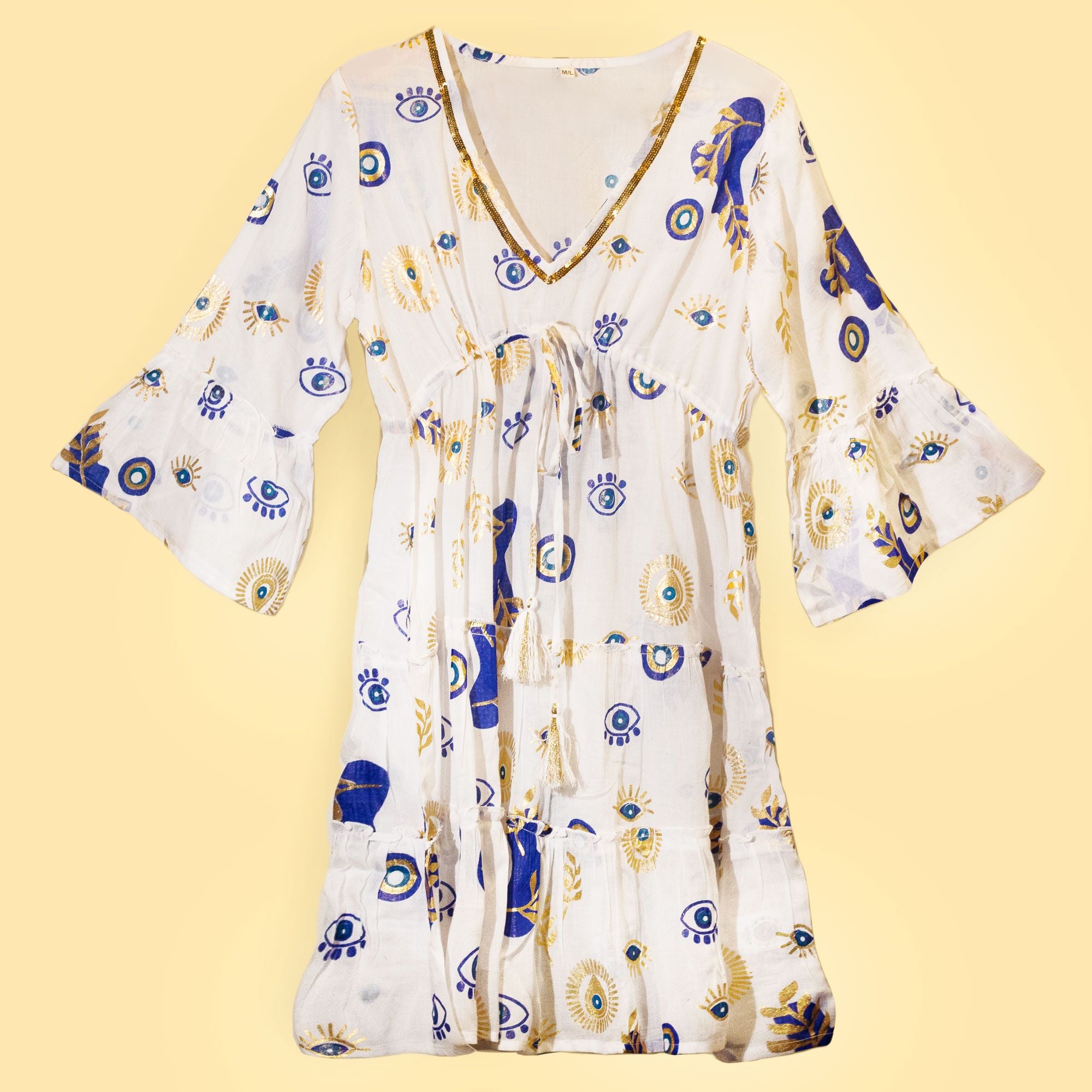 Nomad Sari Evil Eye Dress in White Blue and Gold Size L/XL
