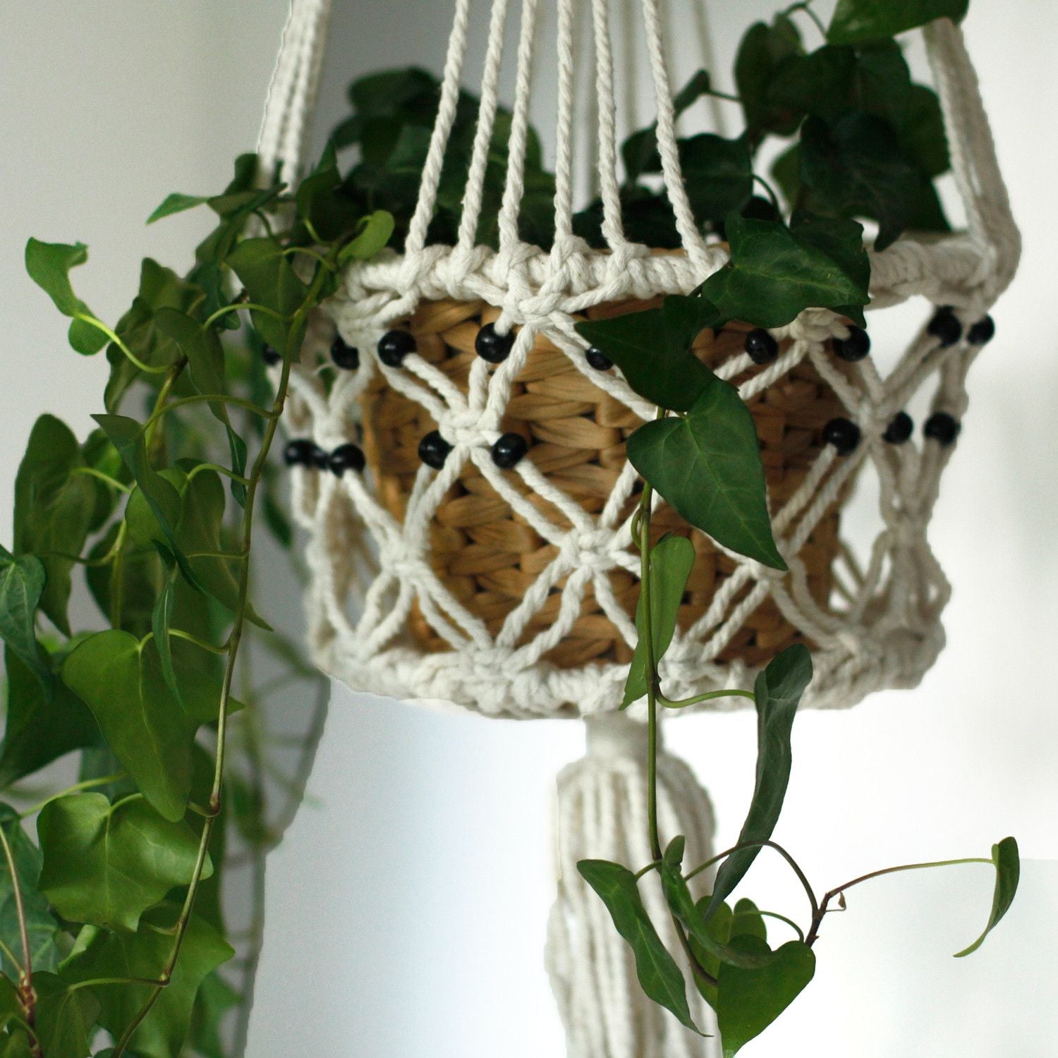 Large Single Beaded Macrame Pot Holder for Home Decor Display
