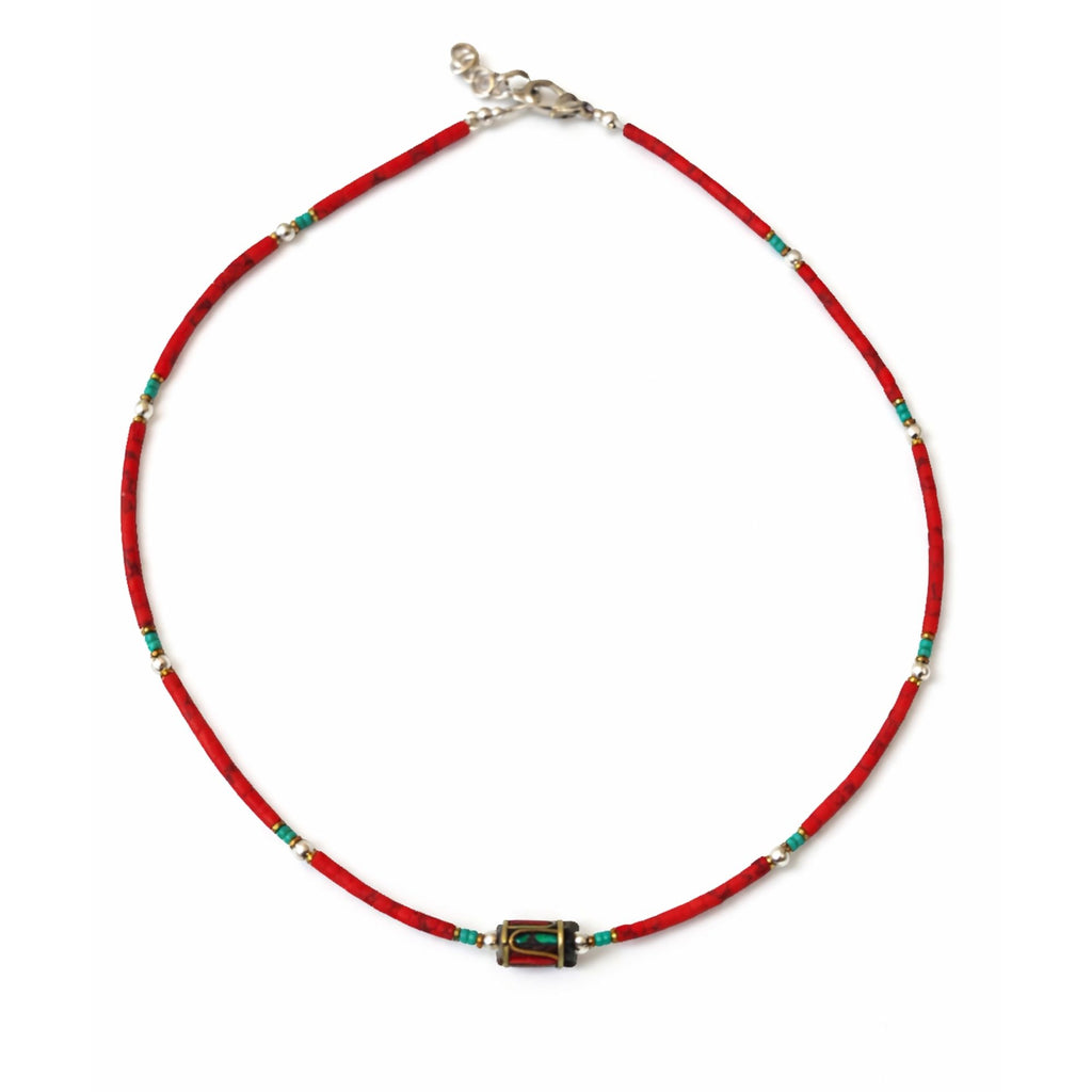 Nepalese Extra Fine Gem Necklace with Coral Tribal Bead Design