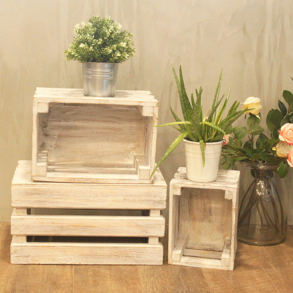 Wooden Storage Crates Set of 3 in Whitewash for Home Organisation