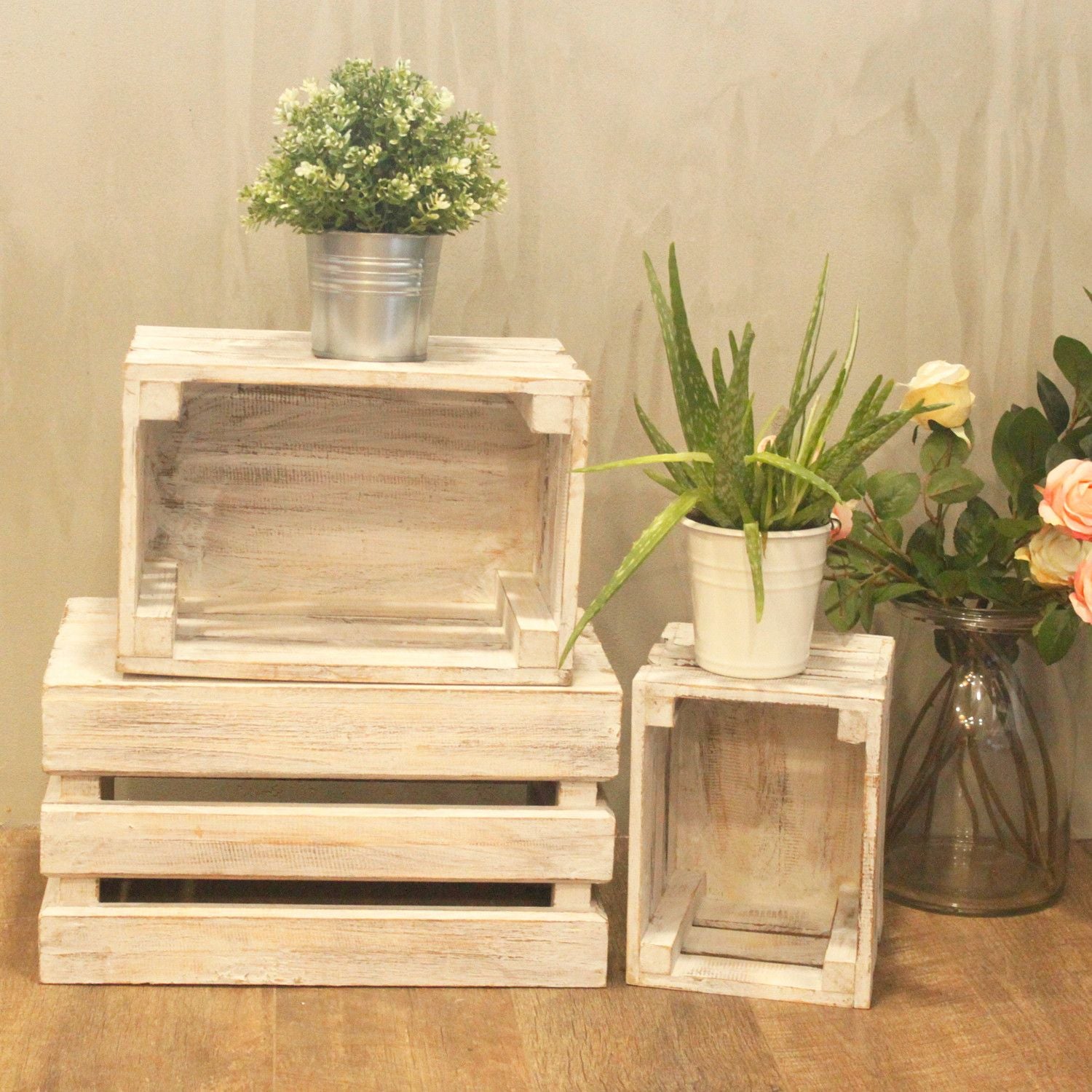 Wooden Storage Crates Set of 3 in Whitewash for Home Organisation