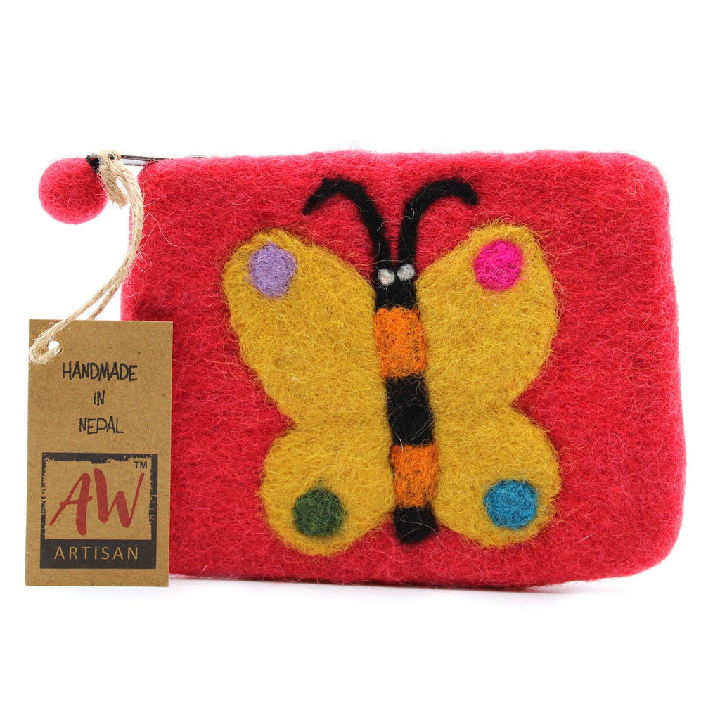 Natural Felt Zipper Pouch with Big Butterfly Design Assorted