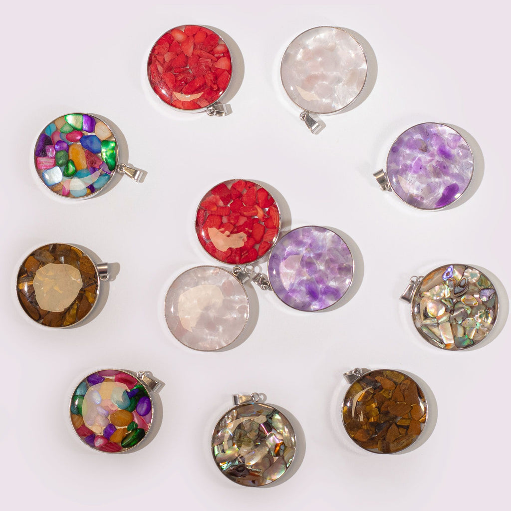 Steel Cased Pendant Round with 12 Assorted Gemstone Chips & Shells