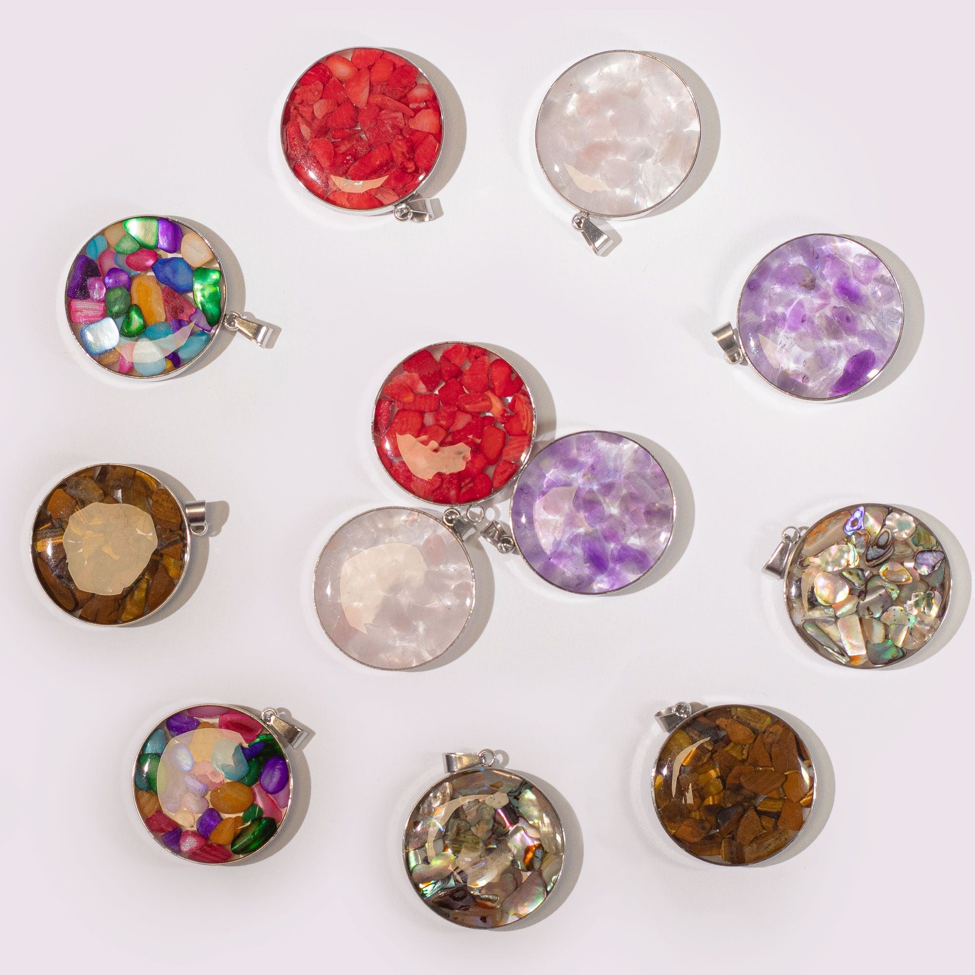 Steel Cased Pendant Round with 12 Assorted Gemstone Chips & Shells