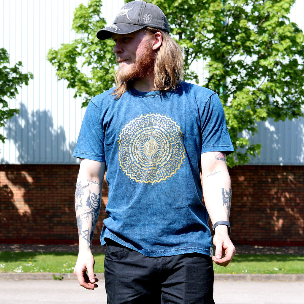 Nomad Sari Stonewashed Cotton T Shirt with Mandala Design in Blue