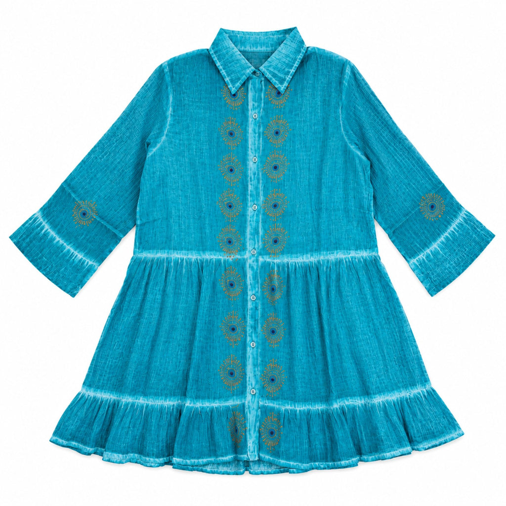 Turquoise Tunic Dress with Evil Eye Print for Summer Style