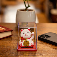 Mini Solar Powered Japanese Lucky Cat in Display Box – White