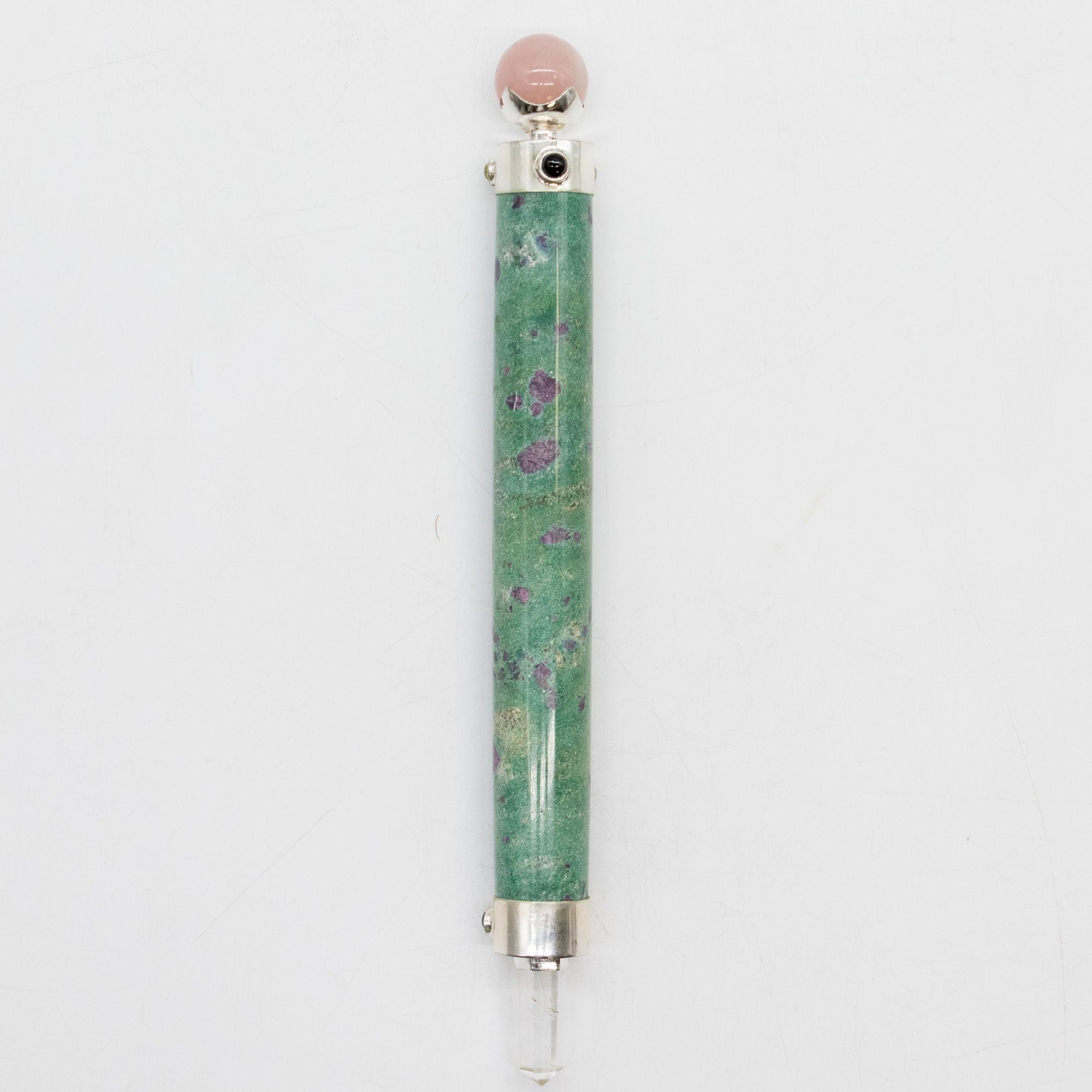 Verdant Heart Wand - Ruby Fuchsite Rose Quartz Crystal Ball top - 23cm