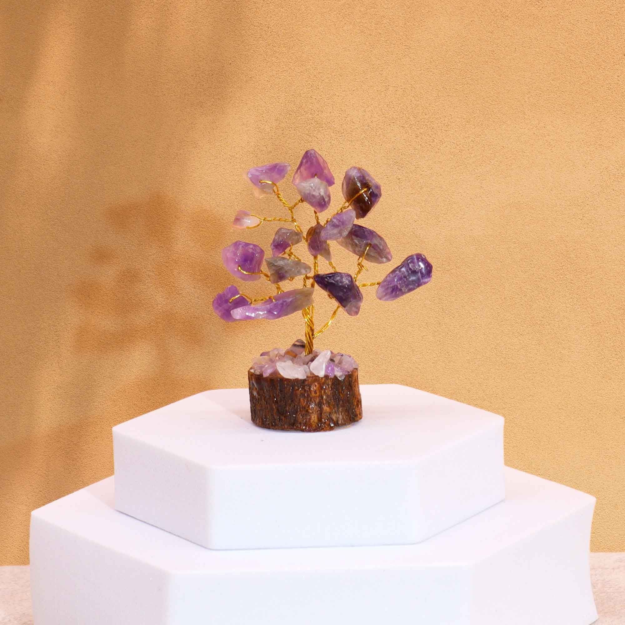Mini Amethyst Gemstone Tree on Wood Base with 15 Stones