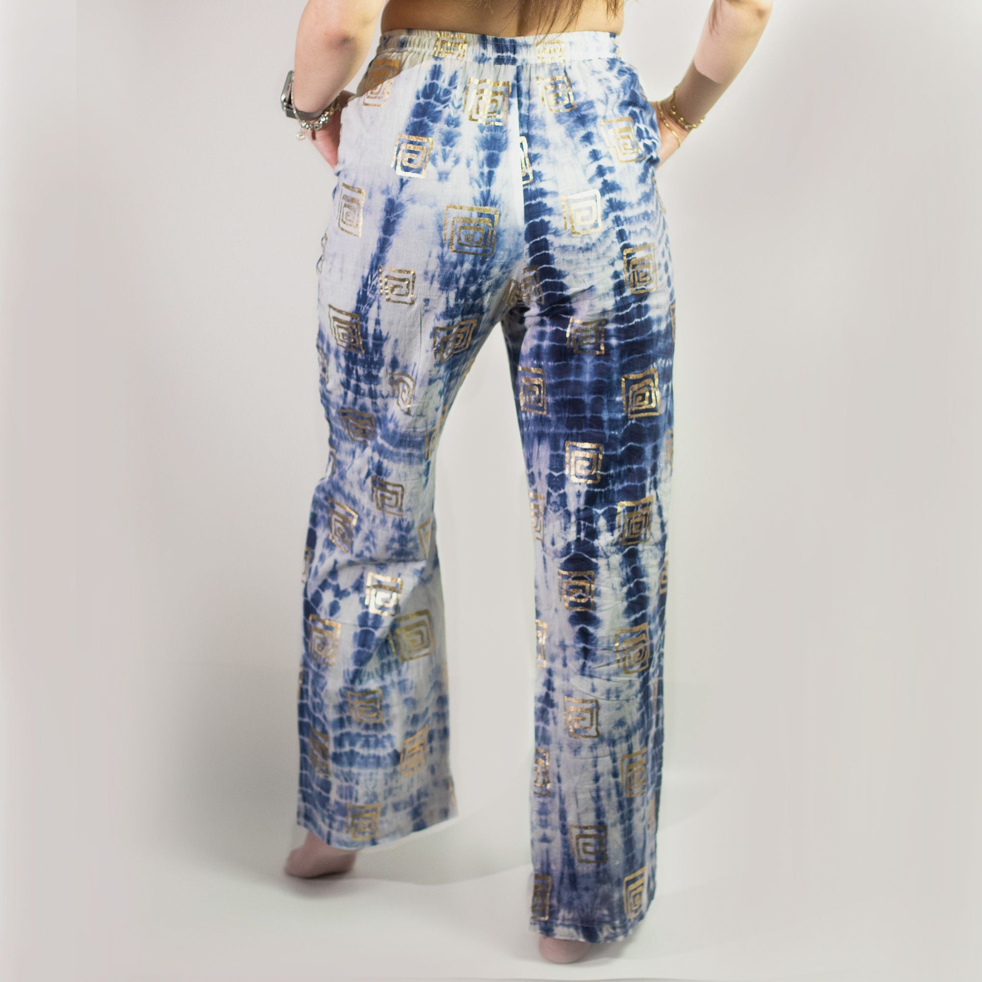 Nomad Sari Lounge Pants M/L Blue Tie Dye with Gold Greek Motif