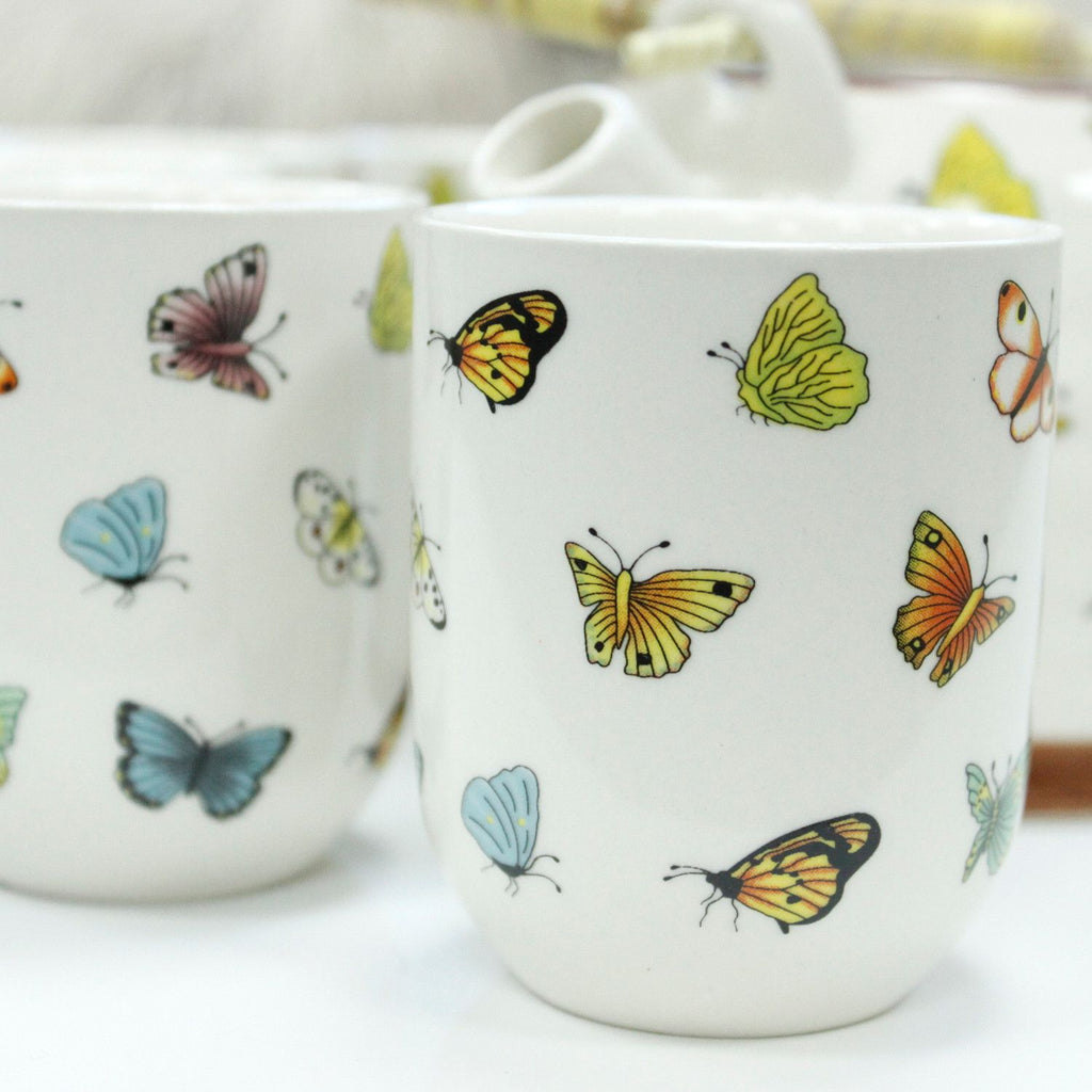 Herbal Teapot Set Butterflies with Six Matching Cups for Tea Lovers