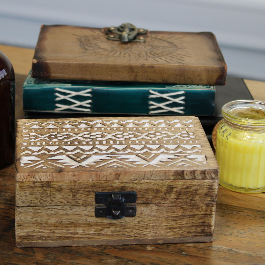 White Washed Wooden Box with Slavic Design for Stylish Storage