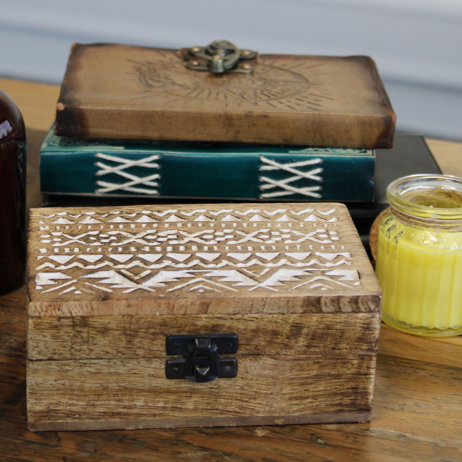 White Washed Wooden Box with Slavic Design for Stylish Storage