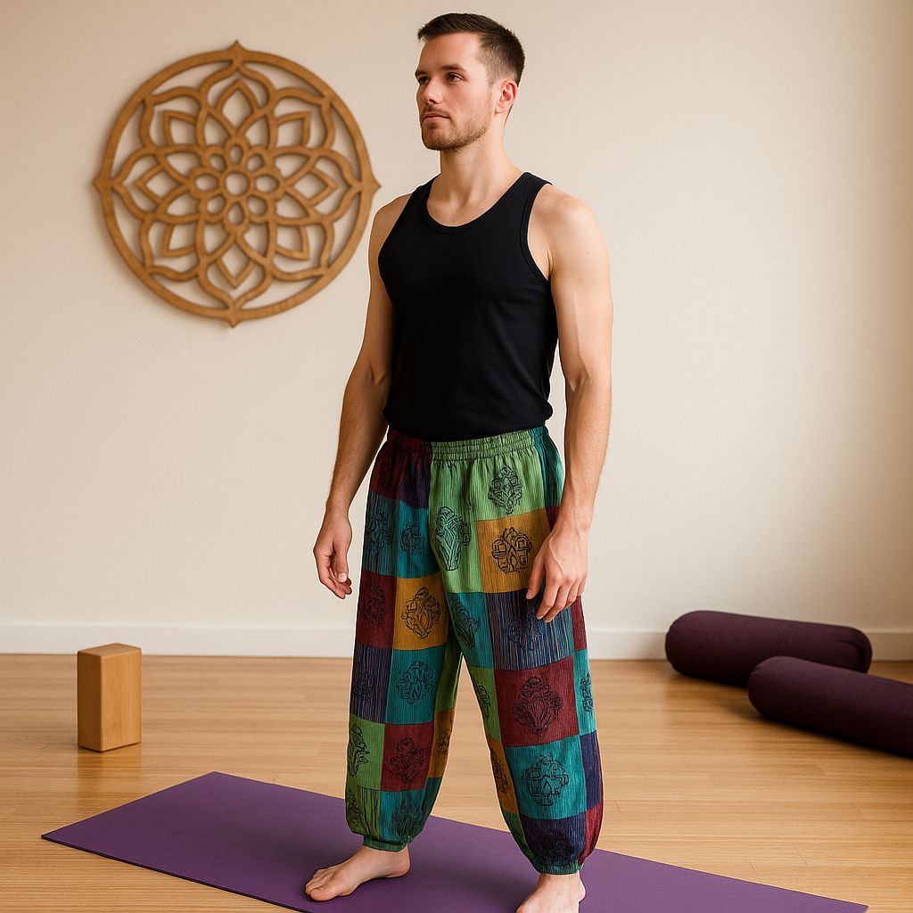 Nomad Sari Mushroom Pants with Block Print Design in Green Tones