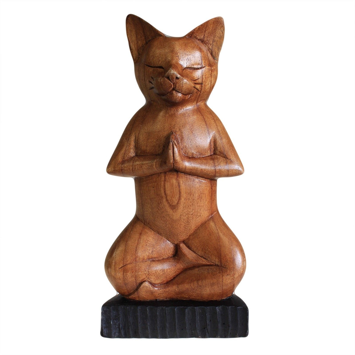 Hand Carved Wooden Yoga Cat Ornament – Lotus Pose