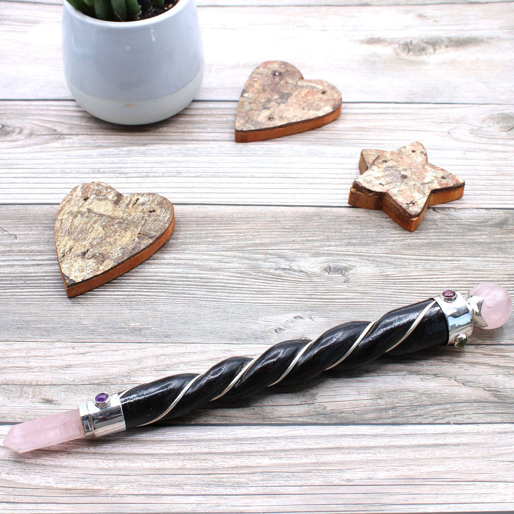 Twisted Healing Wand with Silver Rose Quartz Sphere for Balance