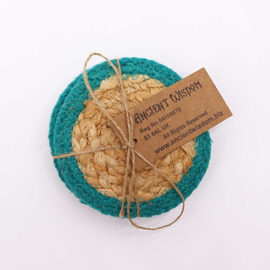 Natural Coaster Set of 4 Jute and Cotton with Teal Border Design