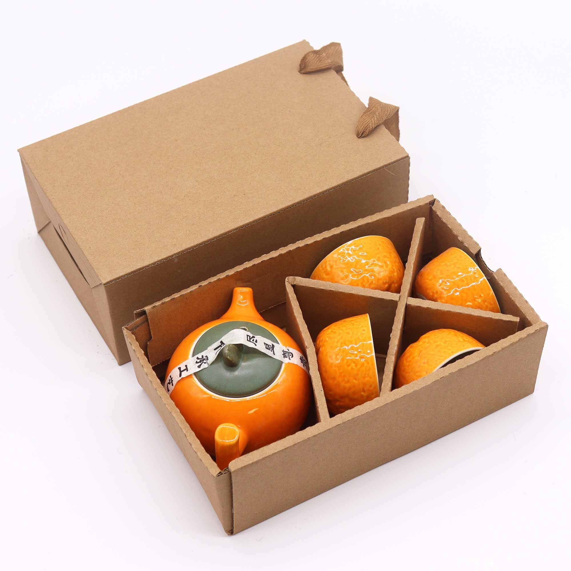 Herbal Orange Teapot Set with Four Matching Cups for Tea Lovers