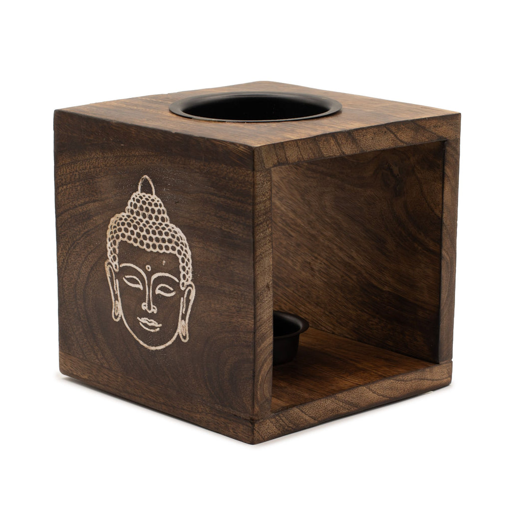Large Square Mango Wood Oil Burner with Buddha Face Design