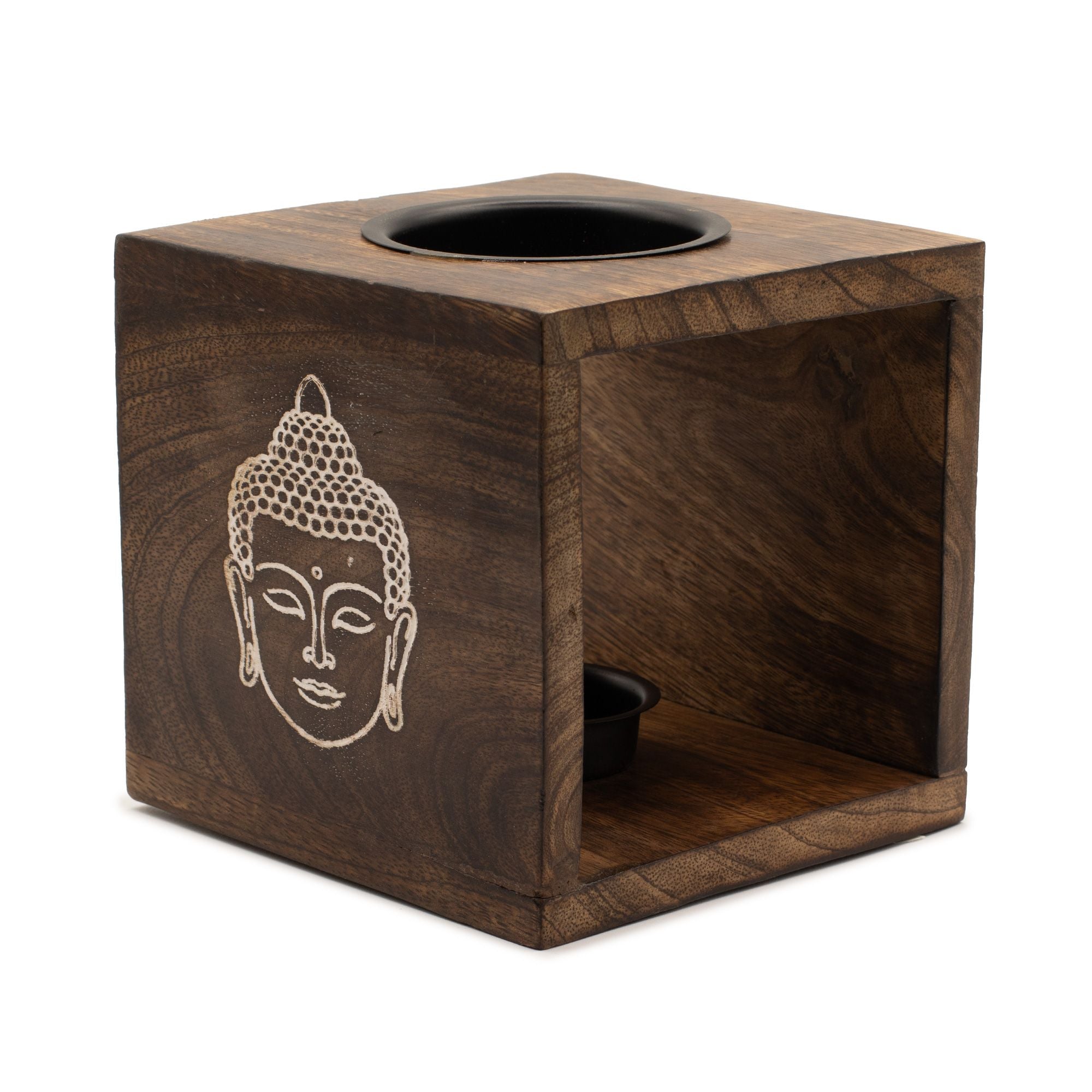 Large Square Mango Wood Oil Burner with Buddha Face Design